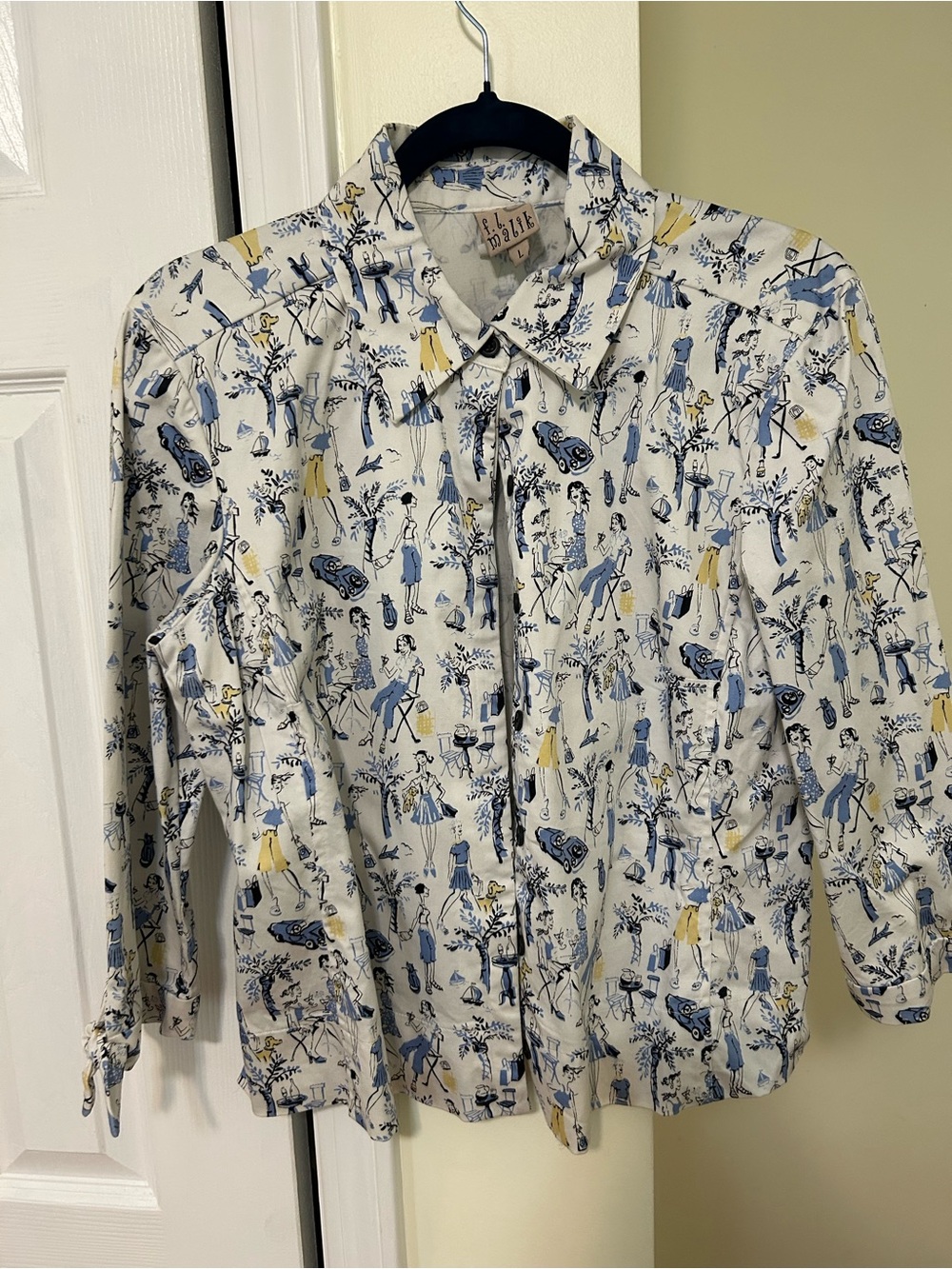 FL Malik Novelty-Print Button-Down Shirt in White with Blue & Yellow Accents